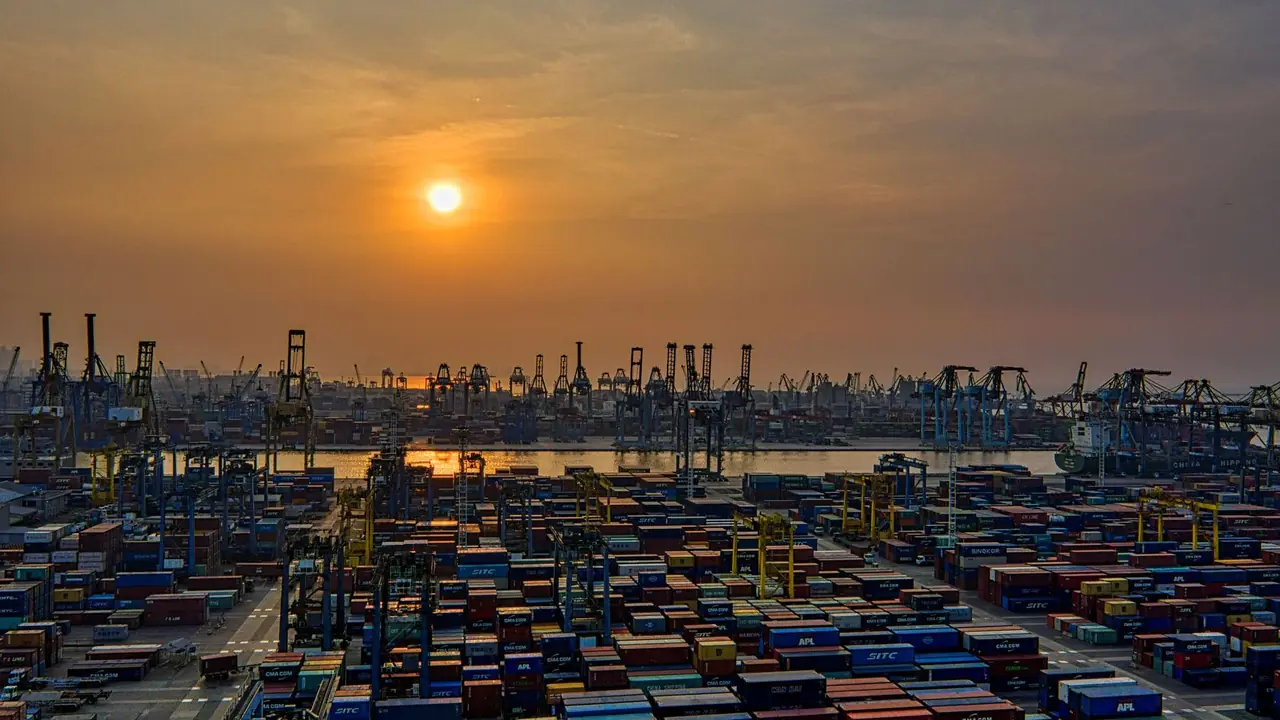 Container terminal and cranes at sunset